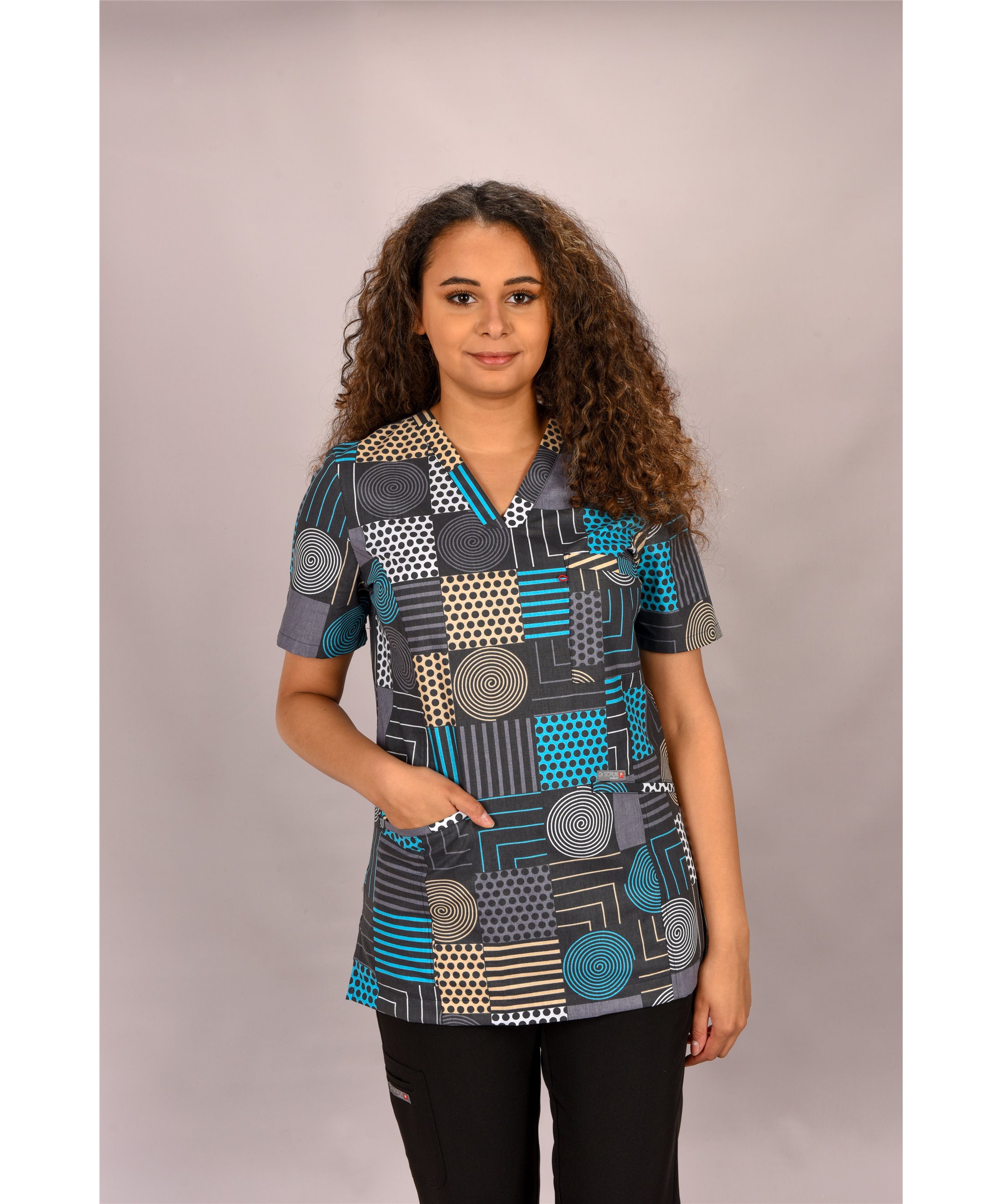 Bluza damska MARY COTTON - wzór patchwork geometryczny szaro turkusowy