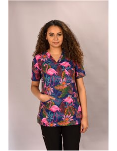 Bluza damska MARY COTTON - wzór flamingi różowe na granatowo zielonym tle